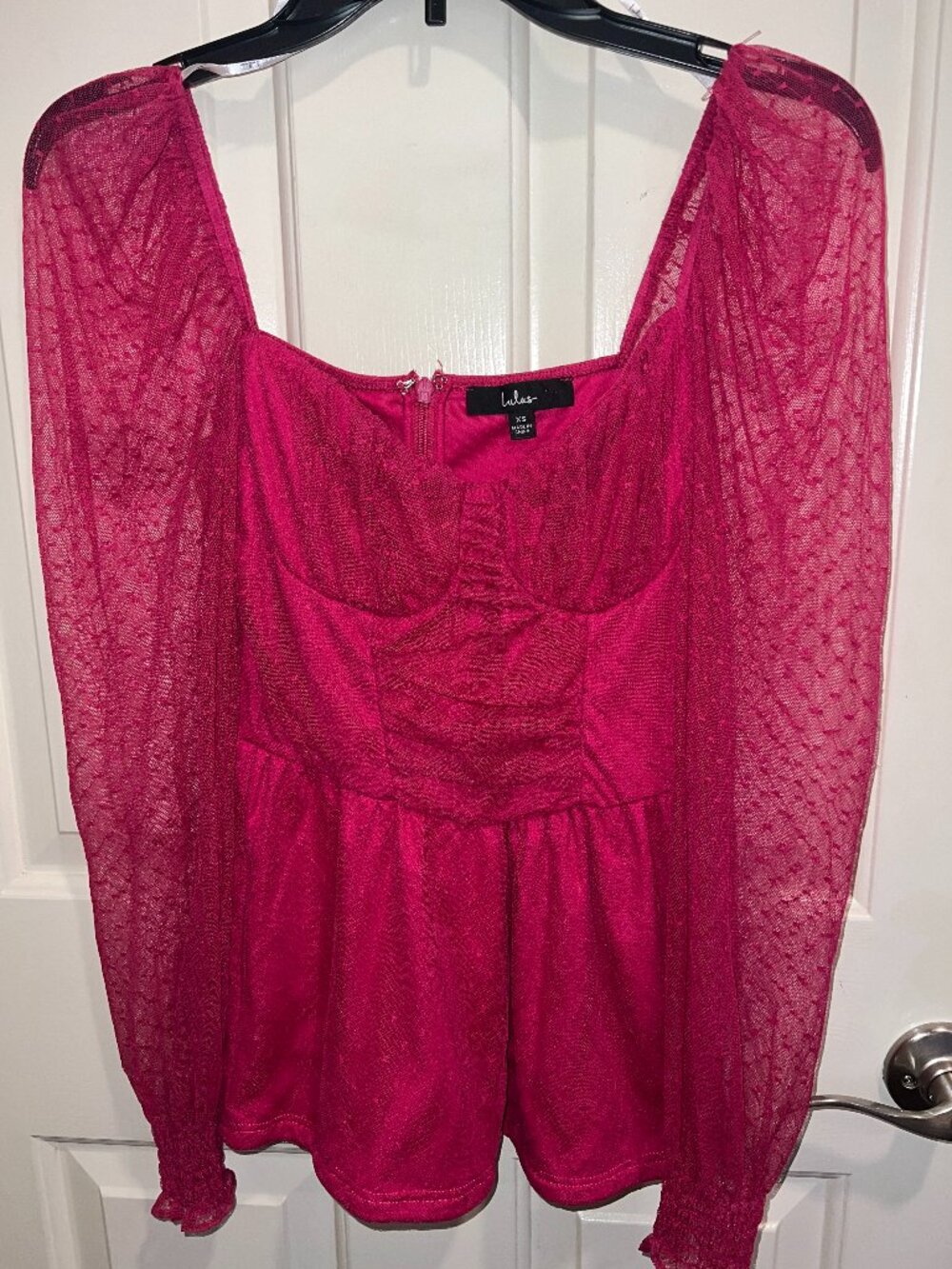 Lulus Hot Pink Mesh Swiss Dot Long Puff Sleeve Corset Peplum Top XS